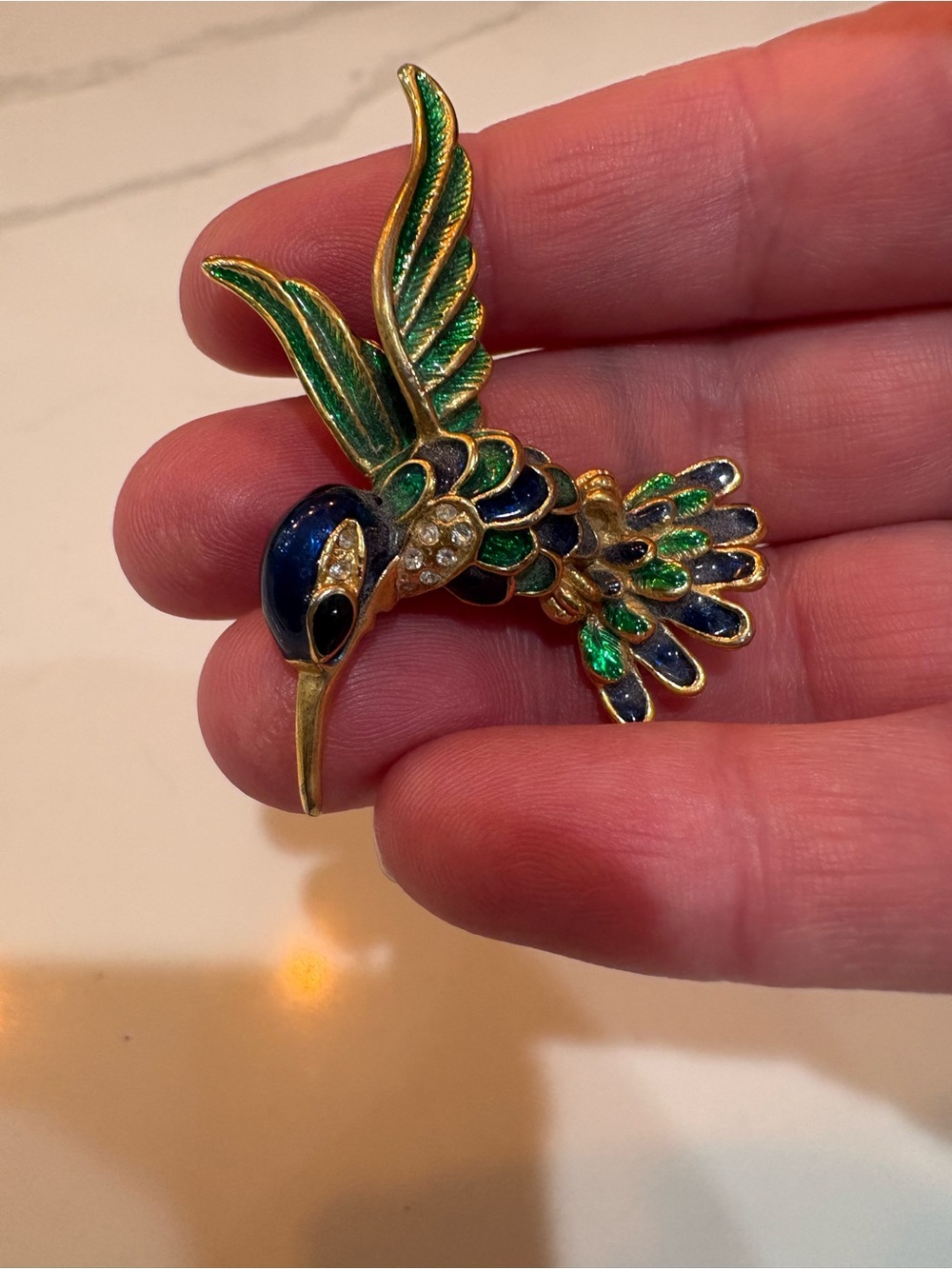 Gold-Tone Green & Blue Hummingbird Brooch - Elegant Bird Pin